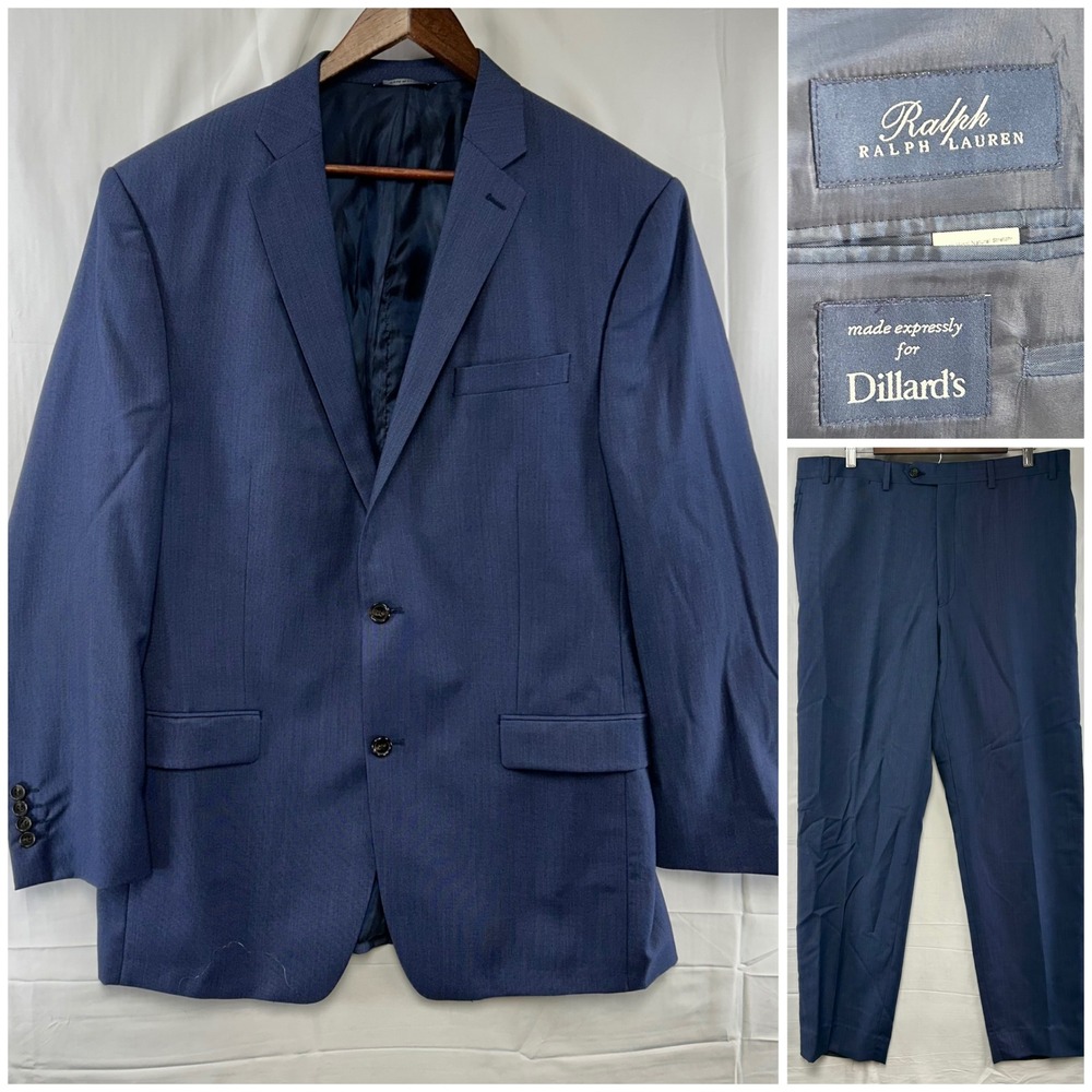 Ralph Ralph Lauren Suit Mens 44L 37x32 Blue Wool Natural Stretch 2-Piece Dillard